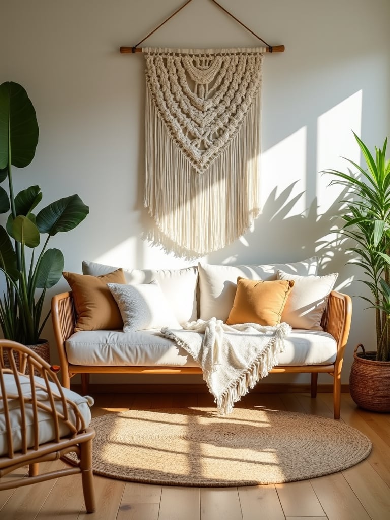 Bohemian living room with a large macrame wall hanging above a rattan sofa and potted plants.