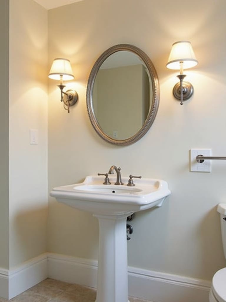 Classic bathroom with metal and frosted glass vanity sconces flanking a round mirror above a pedestal sink.