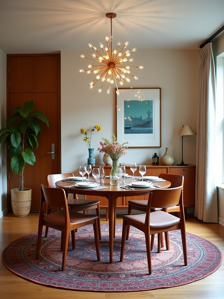 Mid-century modern dining room with a sputnik chandelier and teak wood furniture.