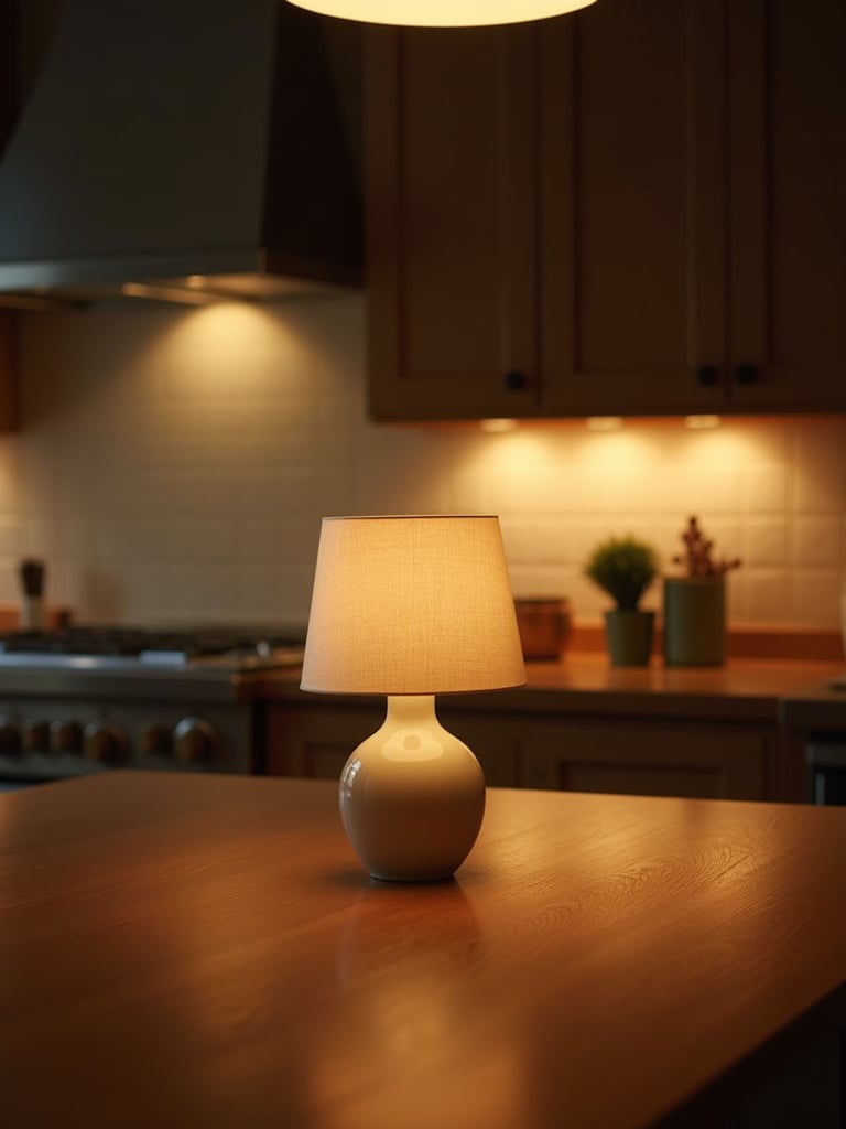 Small ceramic table lamp with a linen shade on a wooden kitchen countertop in a warmly lit kitchen.