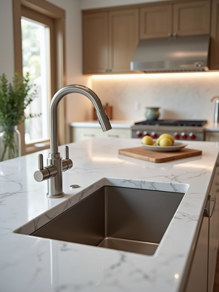 Modern luxury kitchen featuring a sleek, single-handle brushed stainless steel faucet and farmhouse sink on a marble counter.