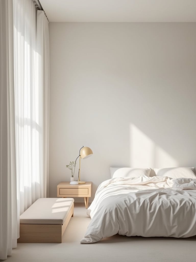 Minimalist bedroom with essential furniture and a neutral color palette.
