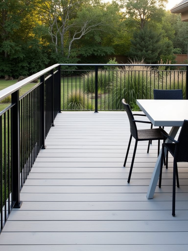 Minimalist black metal rod railing on a modern grey deck.