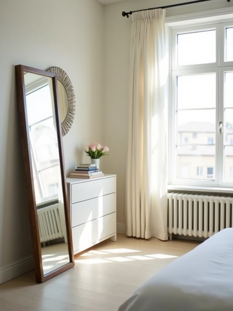 Bedroom with mirrors strategically placed to enhance light and create space.