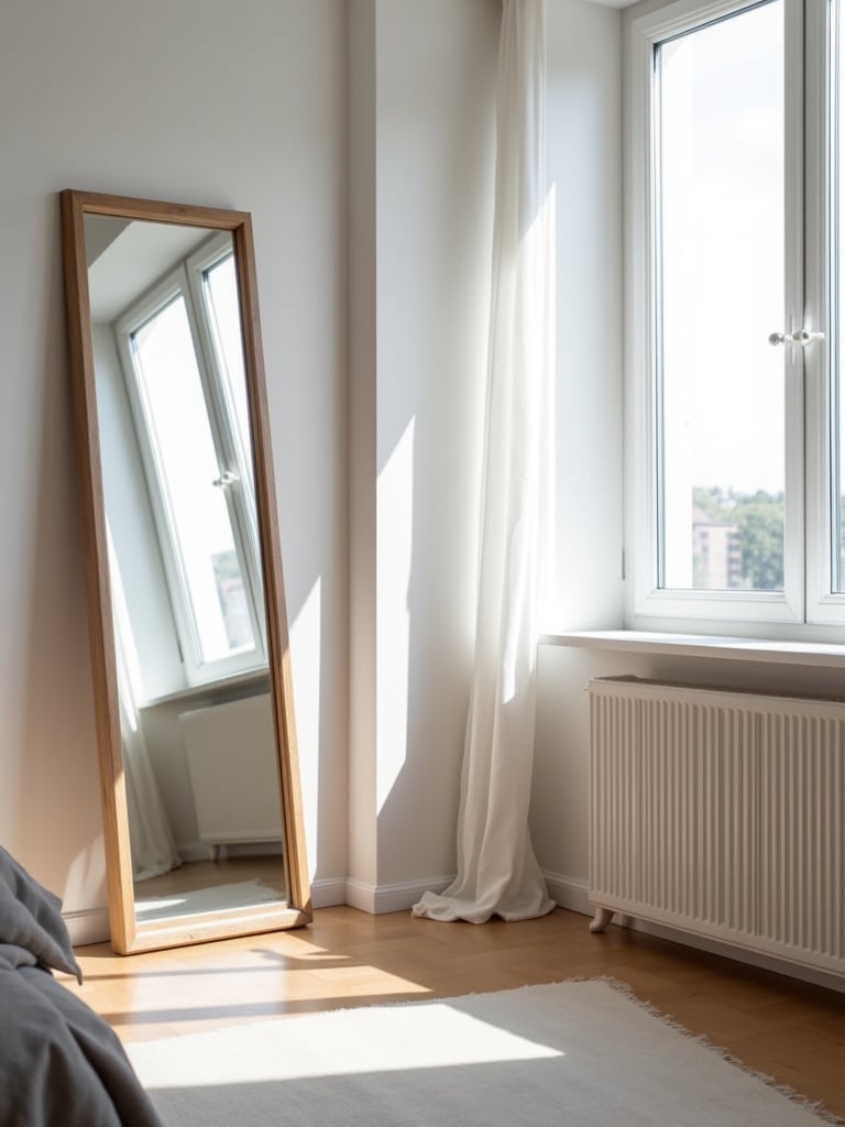Bedroom with a large mirror leaning against the wall, reflecting light and space.