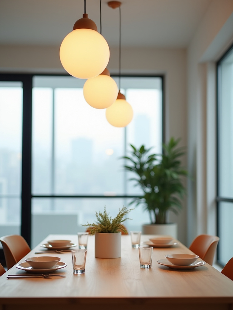 Modern dining room with three globe pendant lights hanging above a light wood dining table.