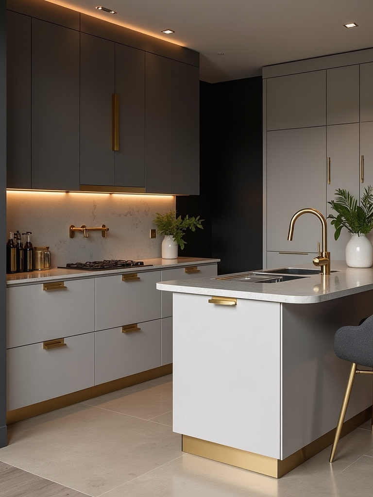 Modern luxury kitchen interior with a muted color palette and strategic use of gold metallic accents to create a stylish and timeless look.