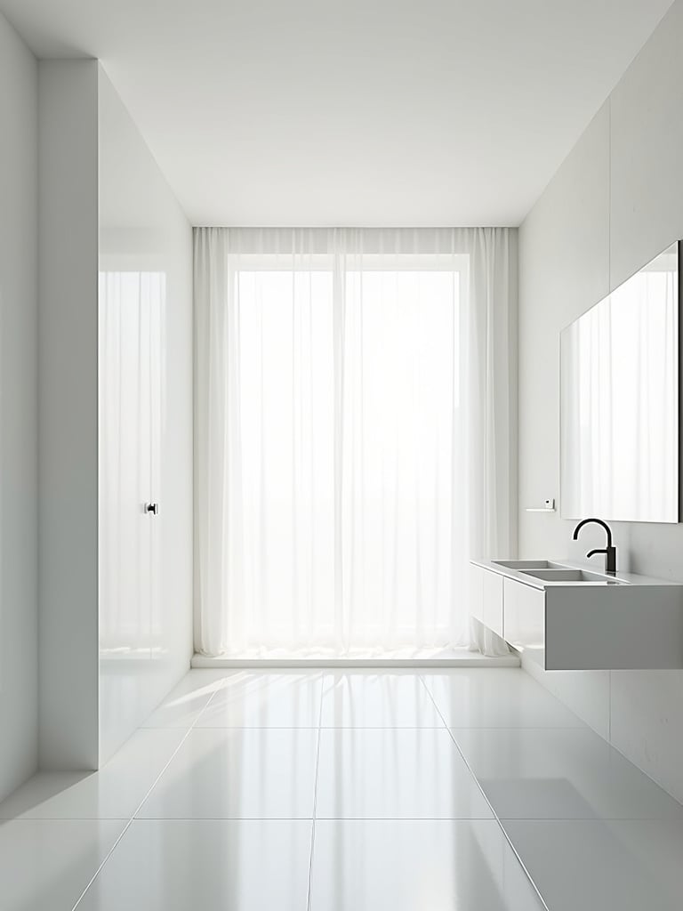 Minimalist bathroom bathed in bright natural light from a large window, creating a spacious feel.