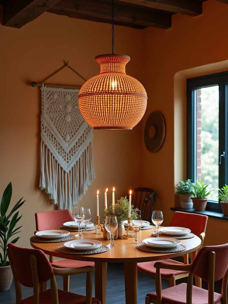 Bohemian dining room with a natural wood bead chandelier and warm earthy tones.