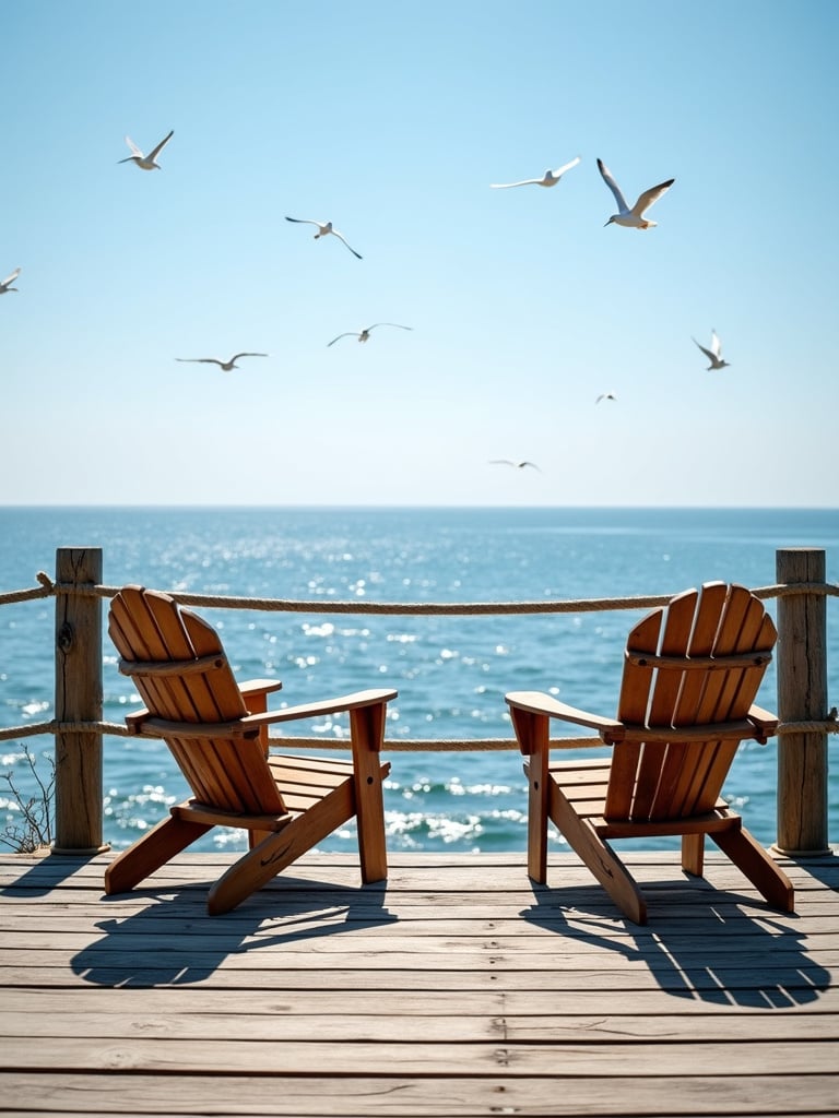 Rustic rope railing on a weathered deck with an ocean view.
