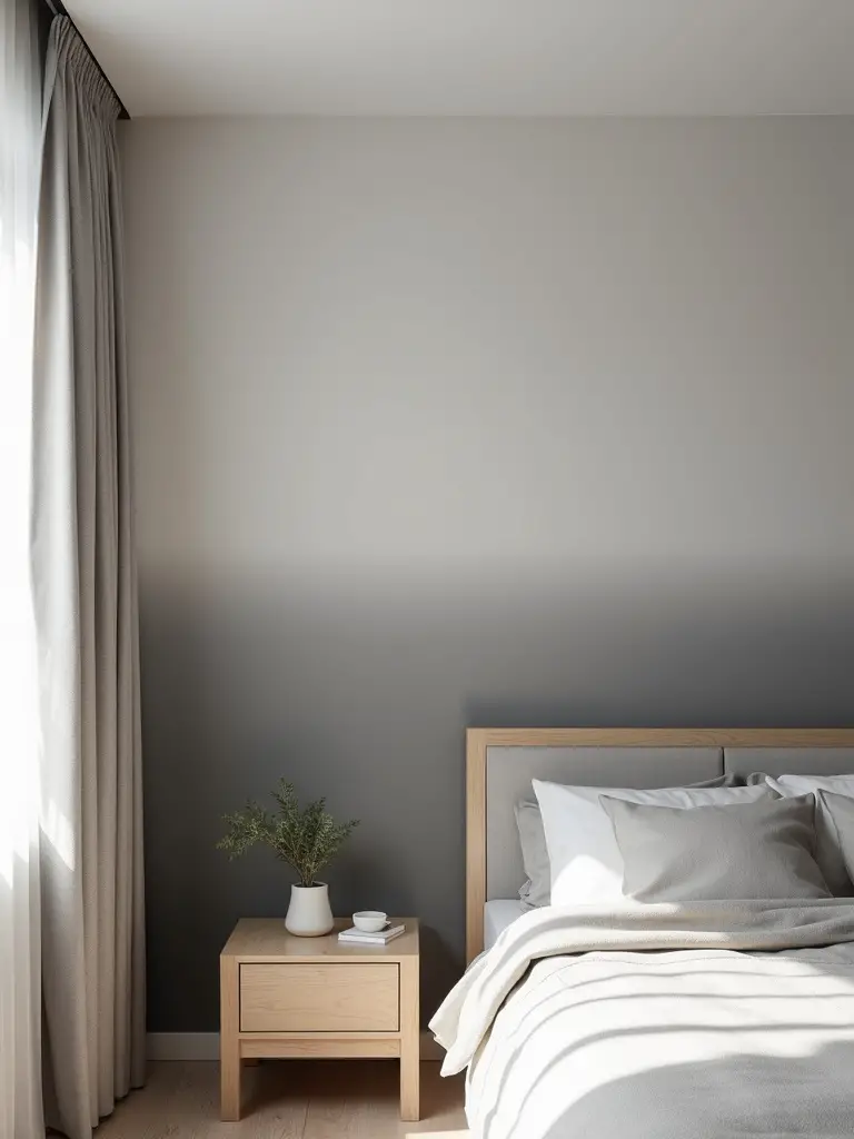 A calming bedroom featuring a grey ombre patterned wallpaper that transitions from dark to light, complemented by light-colored wood furniture, neutral bedding, and soft natural lighting.