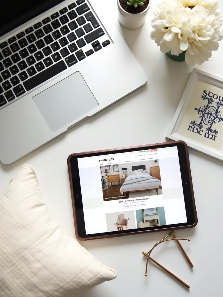 Flat lay image of a laptop showing online home decor shopping with affordable items surrounding it.