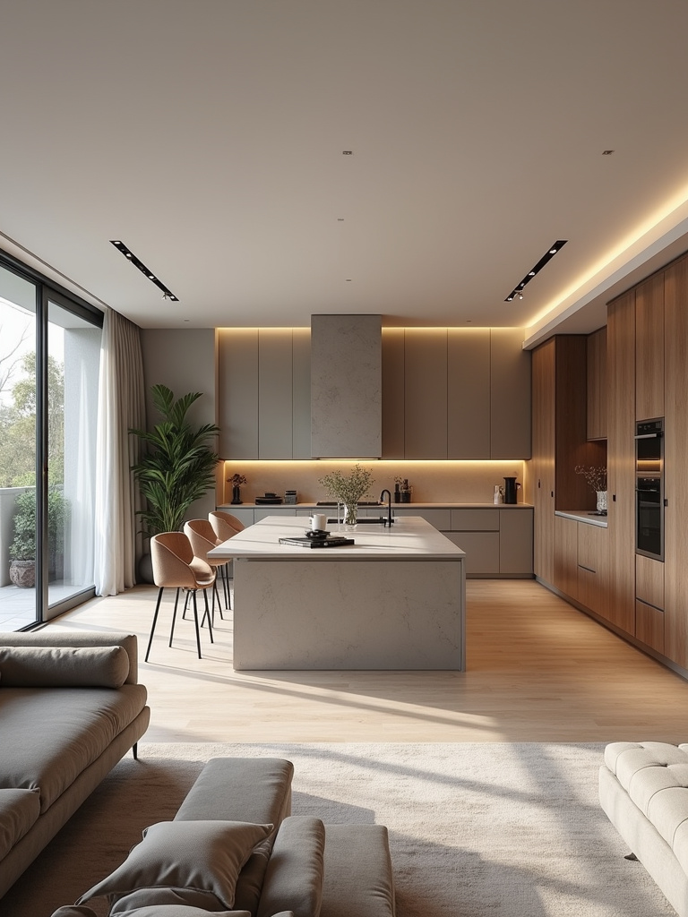 Wide shot of an open concept modern luxury kitchen smoothly integrated with an adjoining living area.