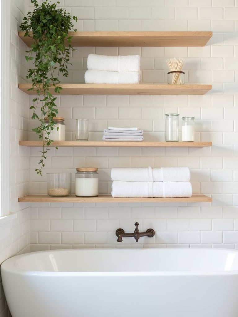 Minimalist bathroom featuring open wooden shelving with curated essentials.
