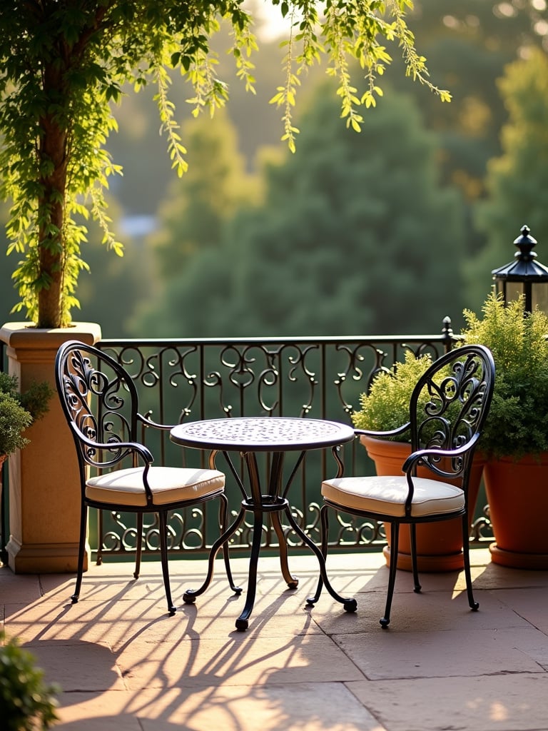 Ornate wrought iron railing with scrollwork on a stone patio.