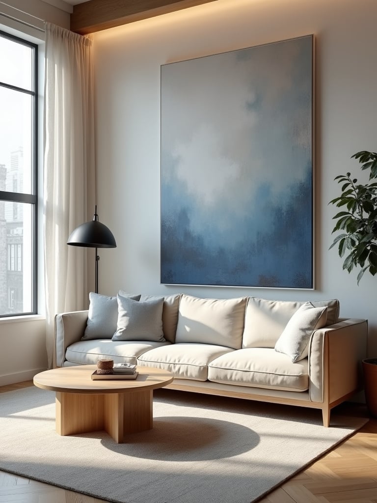 Modern living room with an oversized abstract canvas painting in blue and grey above a beige sofa.