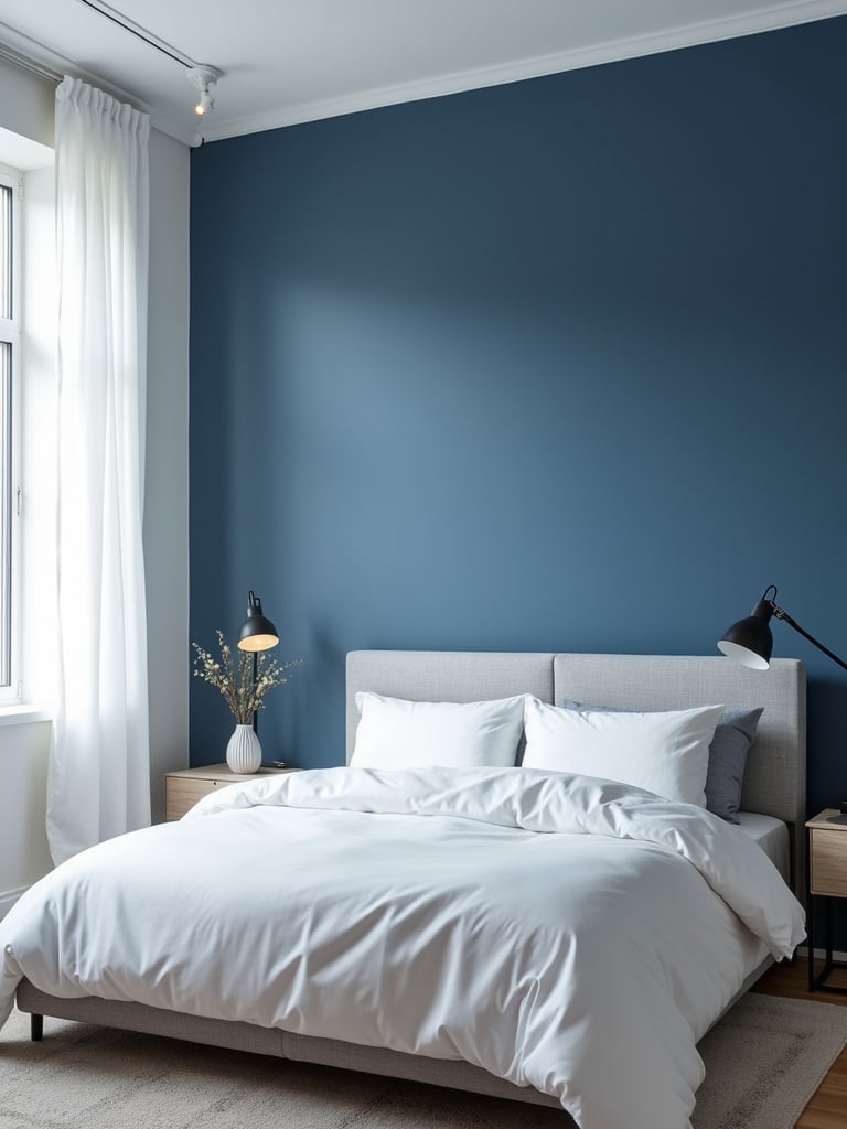 Bedroom with a deep blue accent wall behind a bed in bright natural light.