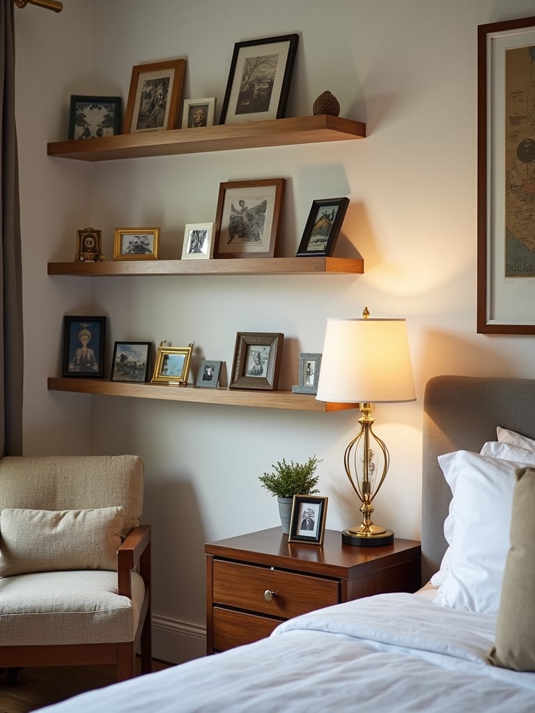 Bedroom personalized with travel souvenirs, photos, and hobby-related items.