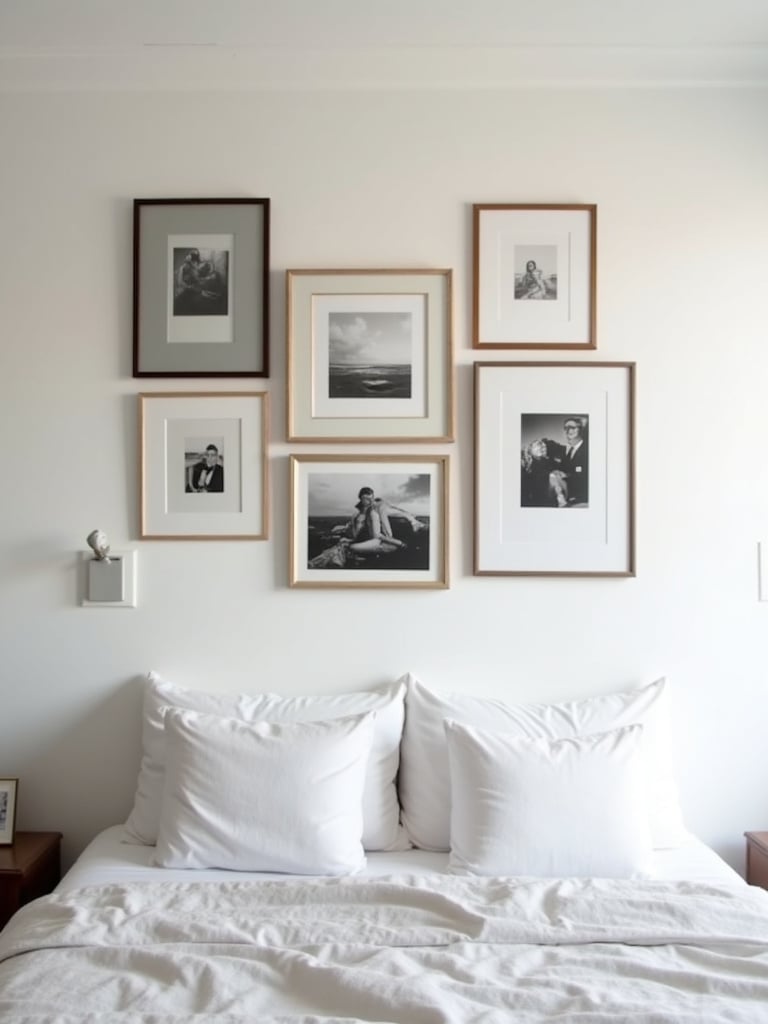 Bedroom wall with a gallery wall of abstract prints and personal photos.