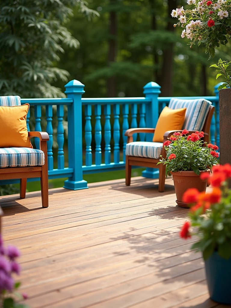Bright blue painted wood spindle railing on a deck with colorful décor.