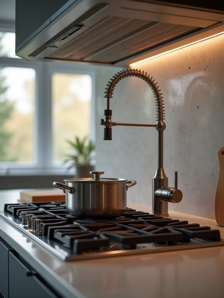 Close up of modern luxury kitchen design including a pot filler above the stove for added convenience and functionality.