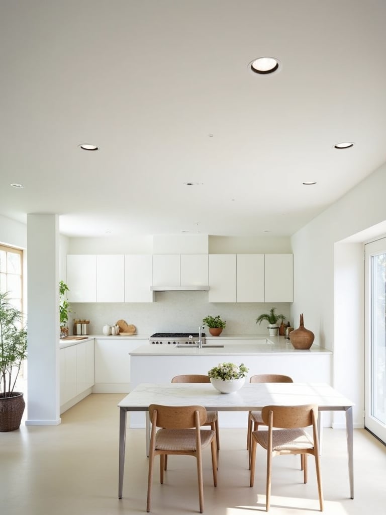 A well lit kitchen using several recessed lighting options in the ceiling.