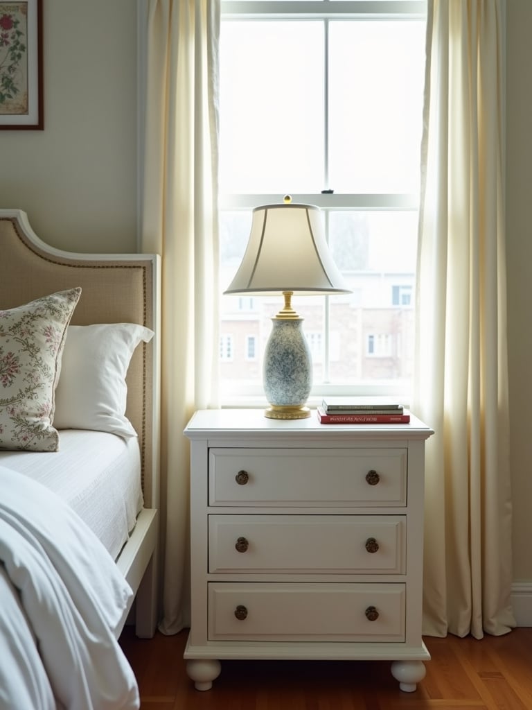 Repurposed white dresser used as a nightstand in a naturally lit bedroom