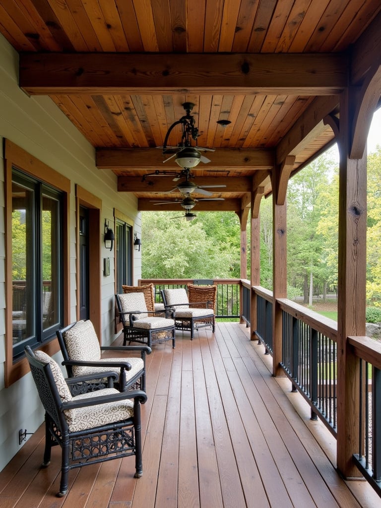 Rustic railing crafted from reclaimed wood beams on a reclaimed wood deck.