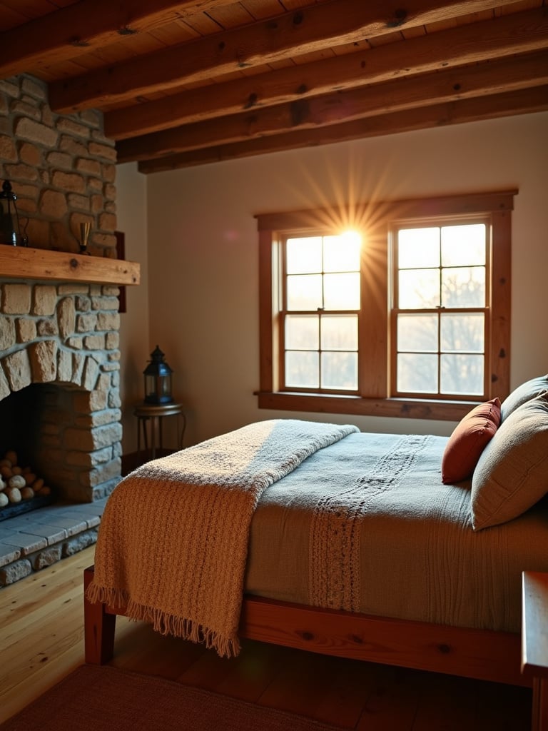 Rustic bedroom with wooden furniture, stone fireplace, and cozy blankets.