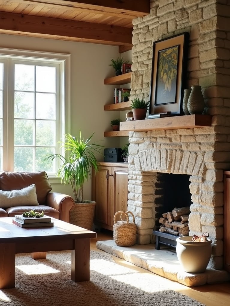 Rustic living room with wooden wall shelves displaying books, plants, and decor beside a stone fireplace.