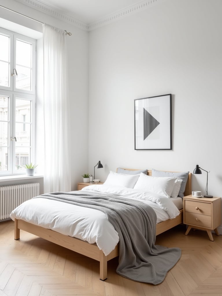 Scandinavian bedroom with light wood furniture, white walls, and minimalist decor.