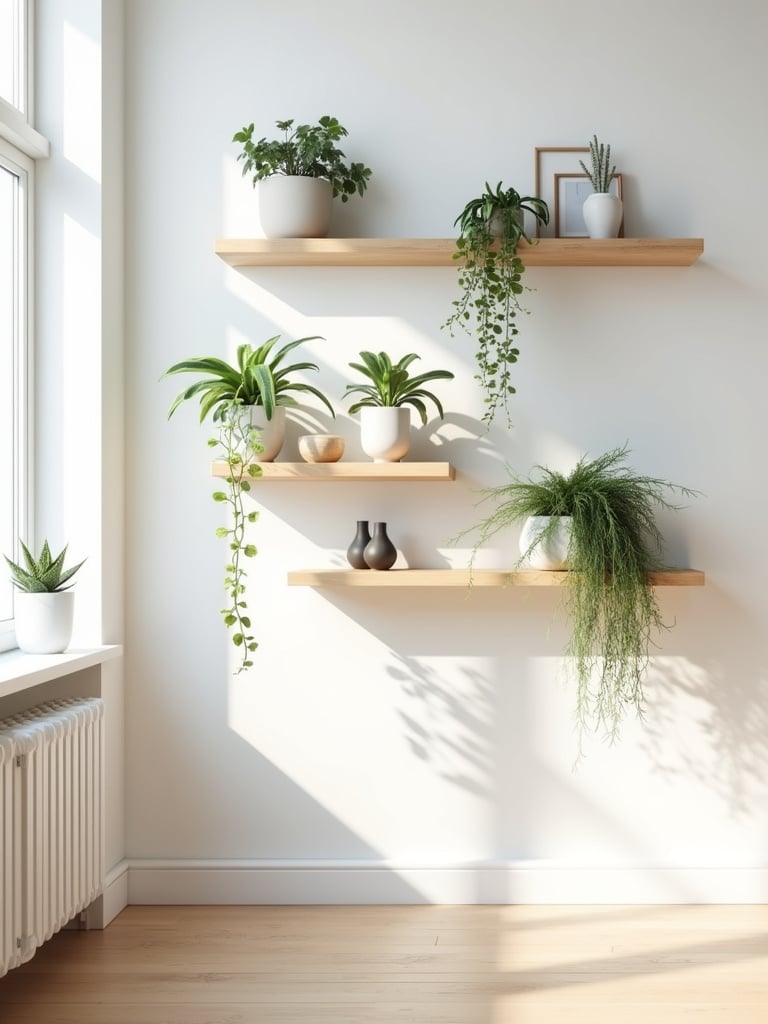 Bright natural living room with a set of floating shelves styled with plants and decor creating a living wall art display.