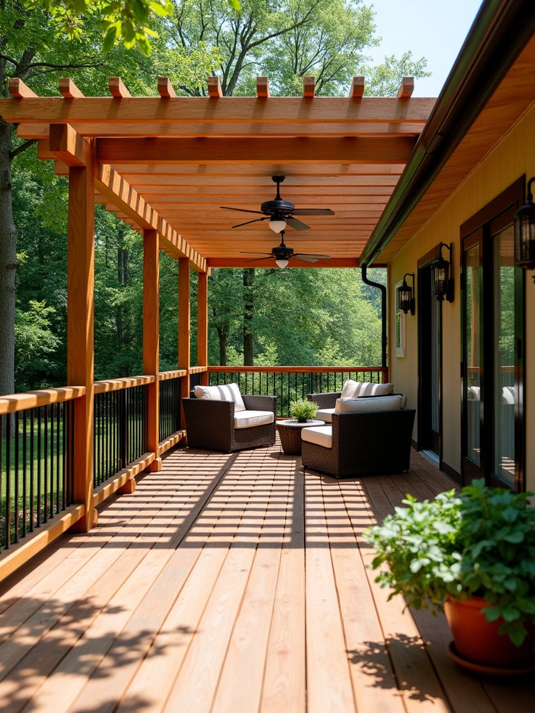 Wood pergola-topped railing providing shade on a deck.
