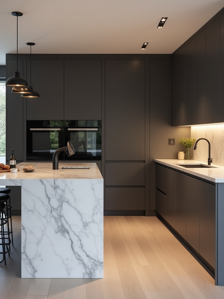 Modern luxury kitchen featuring sleek, handleless gray cabinetry and a white marble waterfall countertop island.