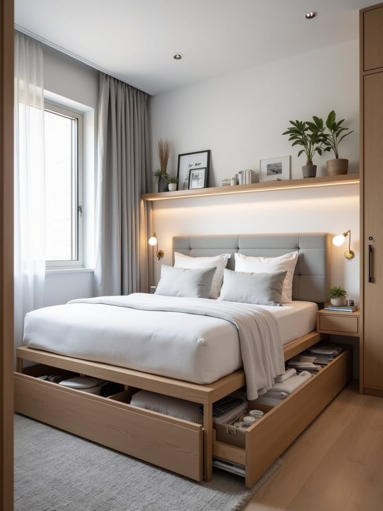 Small bedroom maximized with under-bed storage and wall-mounted shelves.