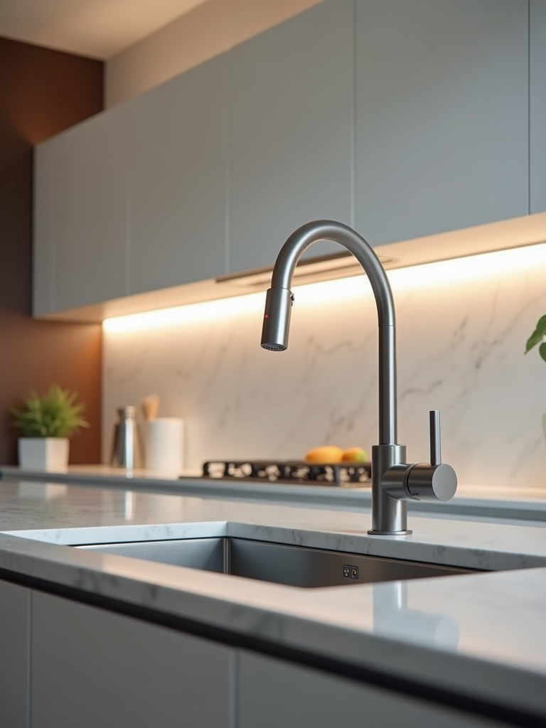 Smart touchless kitchen faucet in a luxury design featuring motion sensor and minimalist style and finishes.