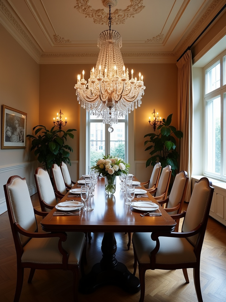 Elegant dining room with a crystal statement chandelier hanging above a formal dining table.