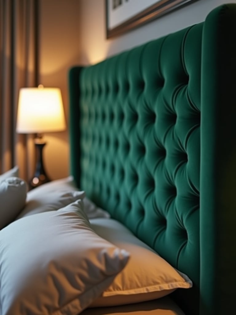 Bedroom with a tall emerald green velvet statement headboard.