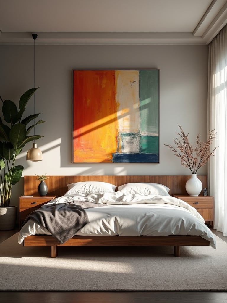Bedroom featuring a large colorful abstract art piece as a statement decor element.