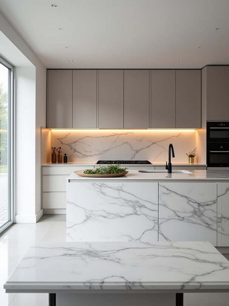 Modern luxury kitchen featuring a statement countertop in light gray and white veined marble on a large kitchen island.