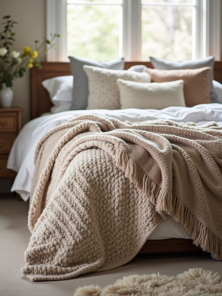 Cozy bedroom with layered textiles including blankets, pillows, and a soft rug.