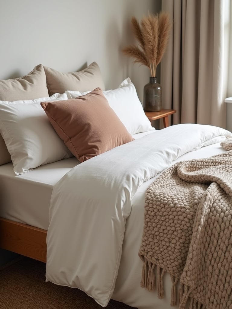 Bedroom with a mix of textures including linen, velvet, knit, jute, and wood.