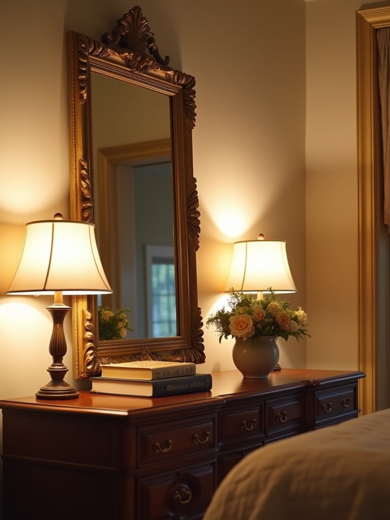 Bedroom scene featuring a thrifted gold mirror and vintage decor on a dresser.