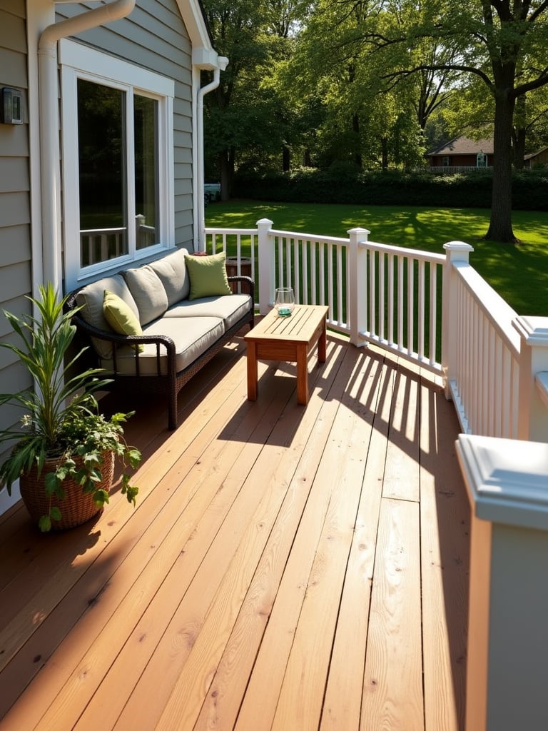 Classic white wood spindle railing surrounding a traditional wooden deck.