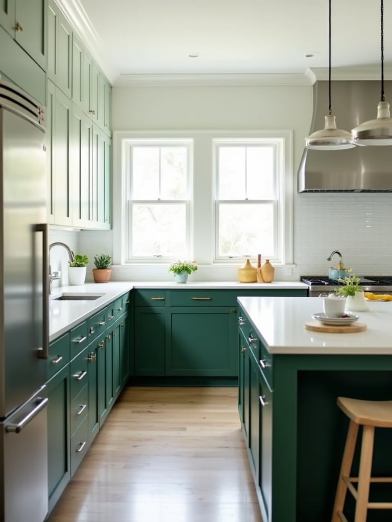 Contemporary kitchen with two-tone green cabinets (dark forest green lower, light sage green upper) and white countertops