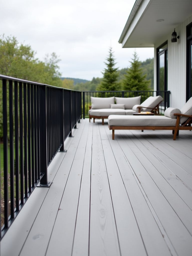 Minimalist black metal railing on a modern grey composite deck.