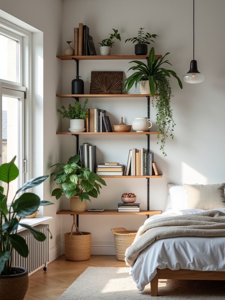Small bedroom maximizing vertical space with wall-mounted shelves for storage and decor