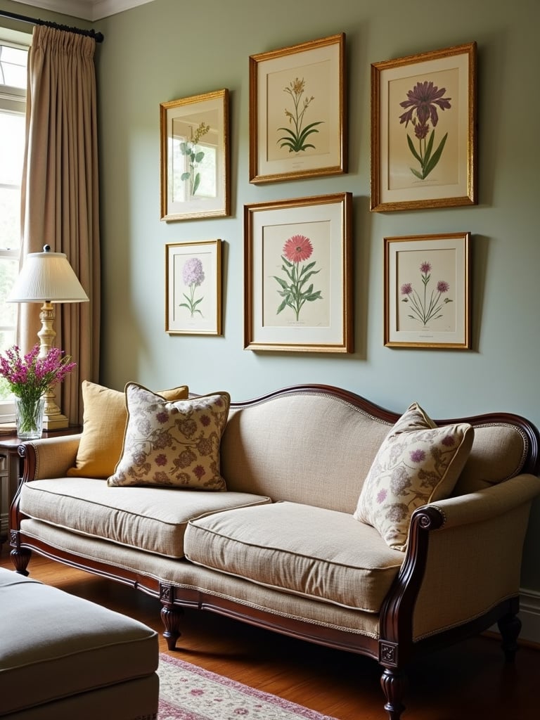 Traditional living room with a collection of framed vintage botanical prints in gold frames above a classic sofa.