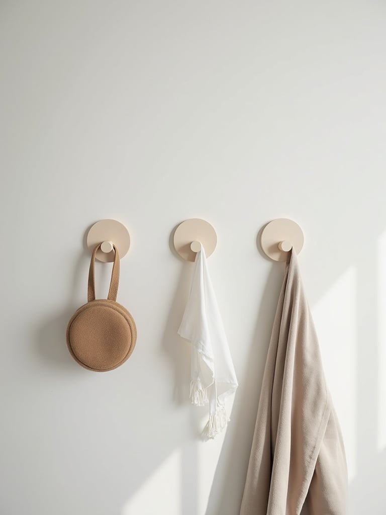A close-up view of sleek, minimalist wall hooks used for practical storage, in a modern and clean bedroom environment.