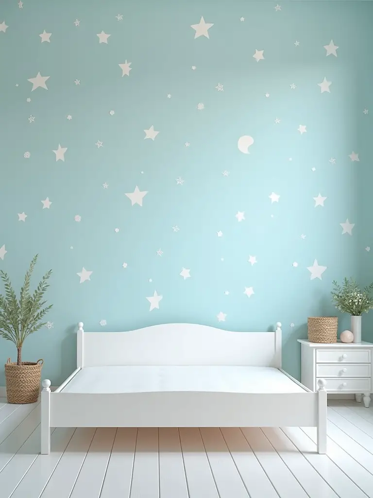 A whimsical bedroom featuring a light blue wallpaper with star and moon motifs, paired with white furniture and a low bed frame, softly illuminated with ambient lighting.